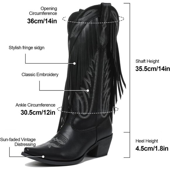 Cowboy Boots for Women Retro Pointed Toe Pull On Block Chunky Heel Embroided - Picture 2 of 8